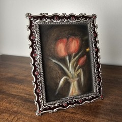 Original Signed Tulip Oil Painting, Moody Impressionist Floral Art 6.5″x8.5″