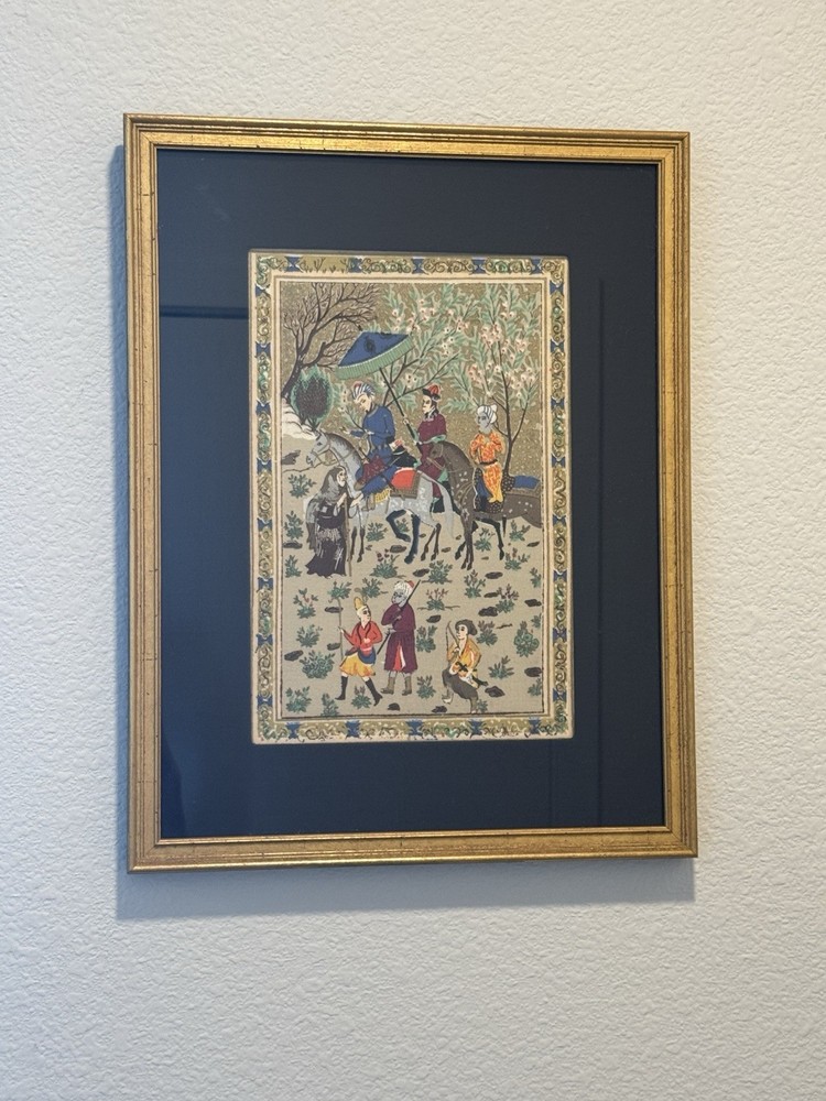 Persian Miniature Painting Royal Procession with Shah Framed Tapestry Silk Cloth