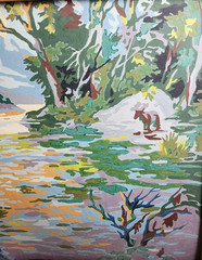 Vintage Wood Frame Hunting/Lake Painting, Muted Colors, Nature Outdoor Scene