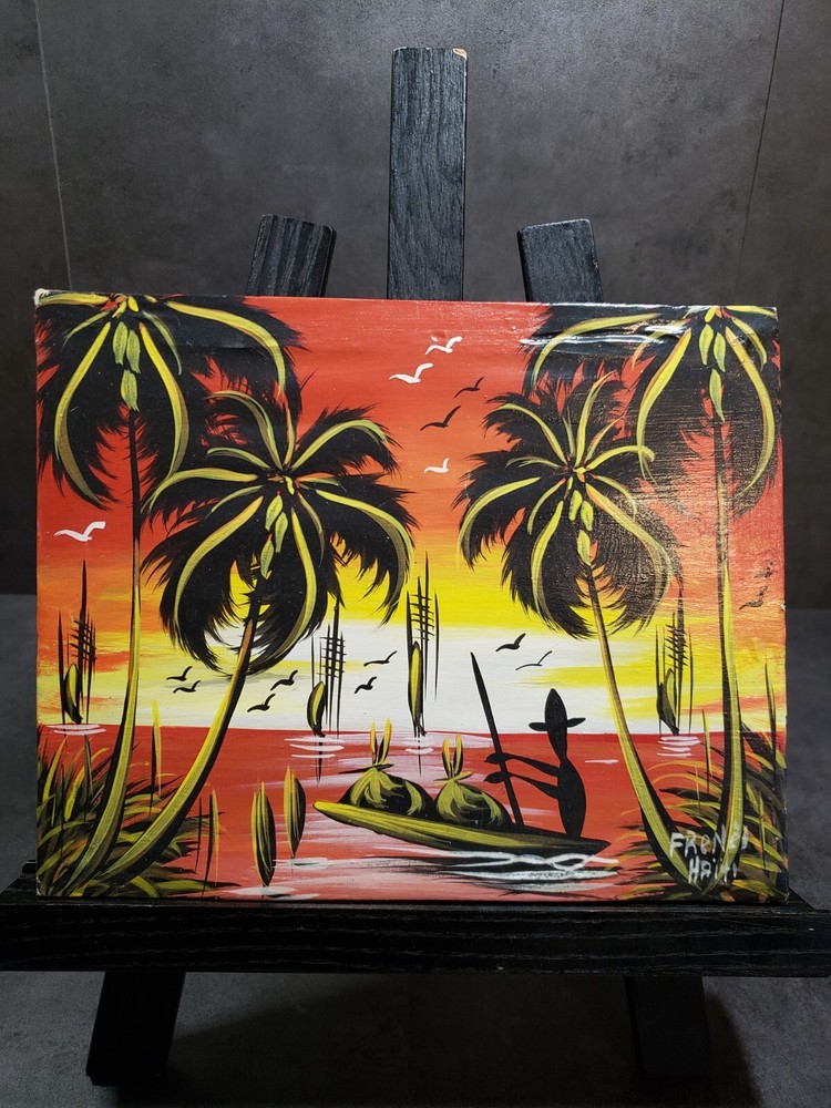 Tropical Island Painting Signed Vintage 60s 70s