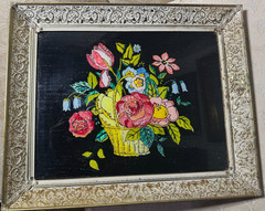 Large Antique Folk Art Tinsel Foil Reverse Artwork „Basket of Flowers“ – Framed
