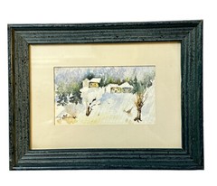 Framed Original Watercolor Painting Snow Houses Landscape Minature 8.5”x6.5”