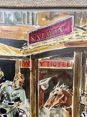 OLD WEST PAINTING COWBOY GUN FIGHT SALOON TOWN HORSE LISTED AMERICAN SLATTERY