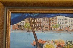 Vintage Art Painting Bicycle Pedal Flower Cart Town Square City Village Framed