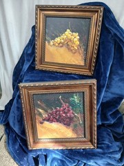 Pair Of Grape Cluster Pictures On 10×10 Canvas In Ornate Bronze Frames 14″ Total