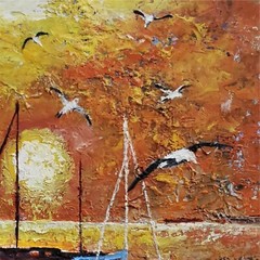 YARY DLUHOS Sunset Sea Ocean Sailboats Seagulls Summer Original Art Oil Painting