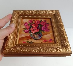 Pink Roses Bouquet Original Oil Painting Framed Still Life in Bronze frame 4×4″