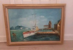 Maritime Seascape Sailboat Docked In Harbour Oil Painting Signed By A. Friden