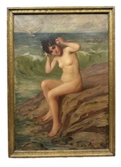Antique ART NOUVEAU LADY & SEASHELL Old BEACH PORTRAIT Frederick Boston PAINTING