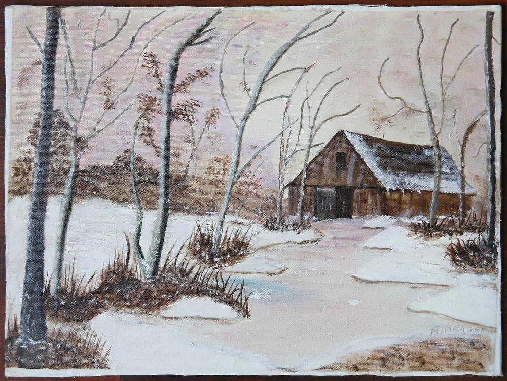 Ruby Bergeron Original NC Blue Ridge Winter Farm Landscape Acrylic Painting Vtg