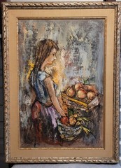 🔥Fine Vtg Old Paris French Impressionist Woman Fruit Market Oil Painting 1960s