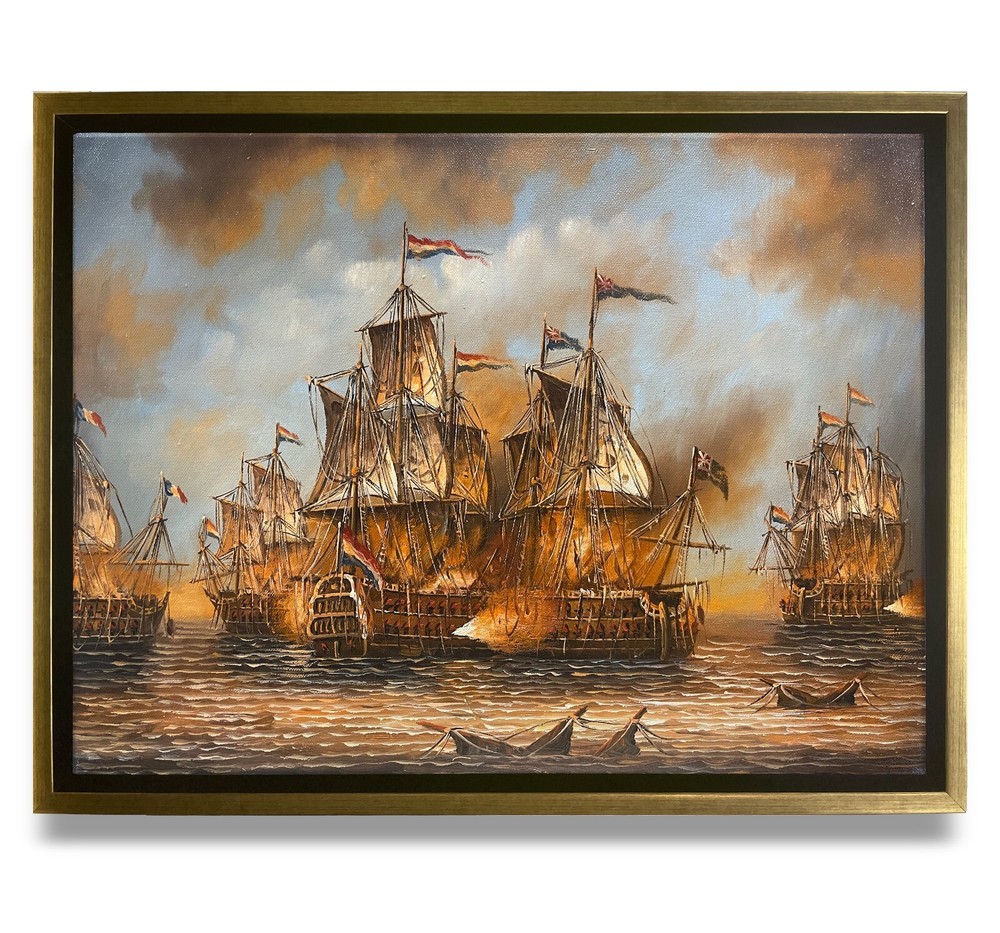 Hungryartist -Original Oil Painting of Colonial Battleship on Canvas 12×16