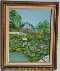 Vintage Oil Painting Waterlily pond statue and garden gate canvas signed framed