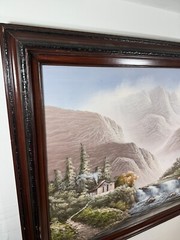 R Boren Oil Painting Landscape Mountain View Cabin River Waterfall Side Framed