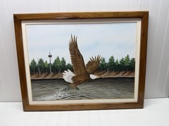 Original Bald Eagle Oil Painting Framed Wildlife Art Vintage 1970s 26×21