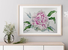 Flowers DUSTY PINK VINTAGE Peony Original Arts Modern Painting Floral Signed A4