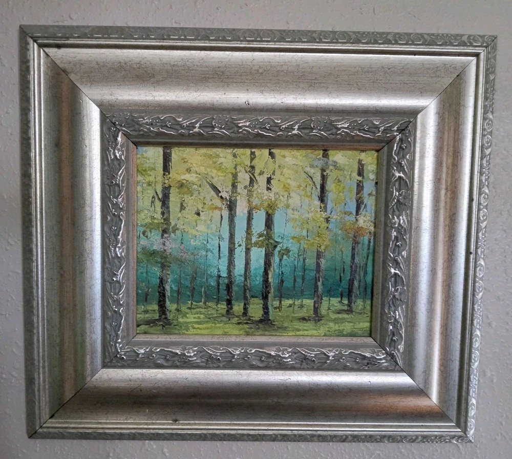 Oil On Canvas Impressionist Painting Green Forest Unsigned Silver Ornate Frame