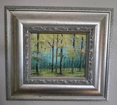 Oil On Canvas Impressionist Painting Green Forest Unsigned Silver Ornate Frame