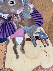 Vintage Hand Painted Wall Art 80s Wood Hanging Mother Bunny Rabbit Babies Cat