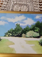 Vintage Maribeth Crago Erie Pa Artist Acrylic Painting „By My Home“ 21.5″w
