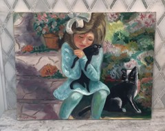 Original Girl With Black Kittens Flowers 1996 OOC Oil Canvas Signed 20 X 16