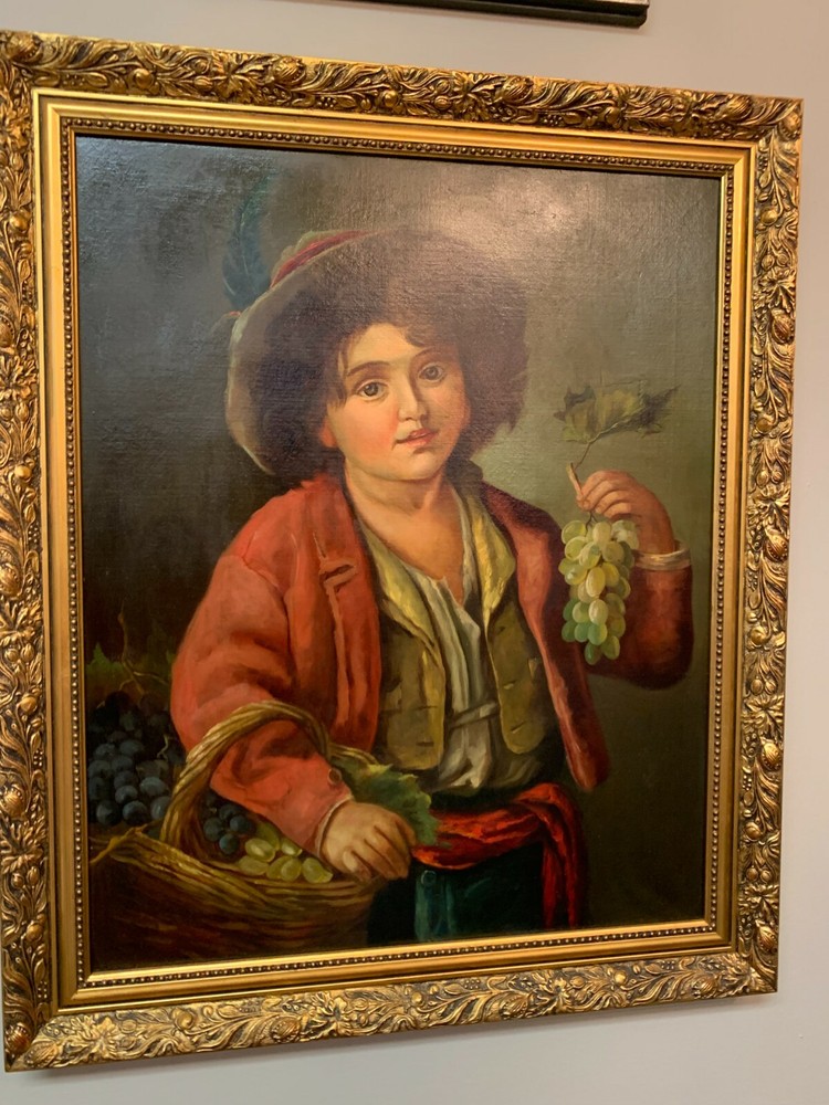 Antique Painting, ‚Boy with Grapes‘ 25.75 x 30.25