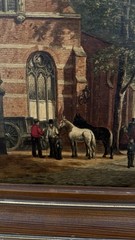 Dutch Oil On Board Painting Of A Town Scene 14”x10” Horses People