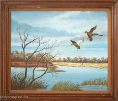 Beautiful Vintage Oil Painting of Ducks Flying Southern Landscape Rita Bickwid