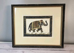 Vintage India Elephant Trunk Up Original Silk Painting on Fabric Hand Painted