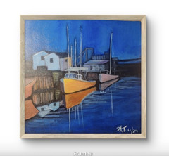 Original Impressionist 8×8 Sailboat Harbor Acrylic Panel Painting Signed Blue