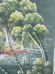 Original Haitian oil hand painting 20inx24in men fishing in jungle wildlife