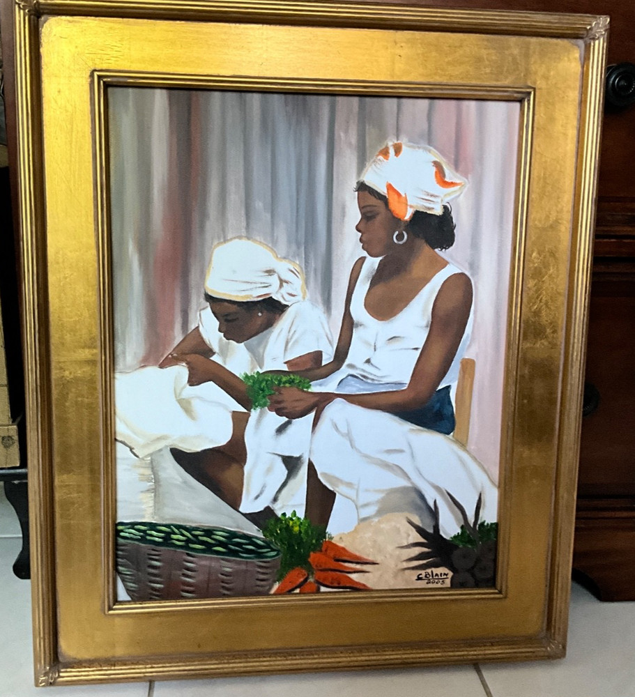 LOVELY HAITIAN ART PAINTING BY ARTIST CAREL BLAIN family life 25 in H X 21 in W