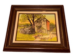 Vintage H. Hargrove Framed Farm Print Steam Tractor Barn Americana Landscape