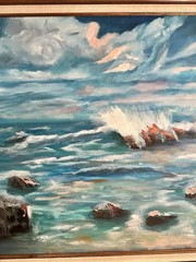 V. Lund – Oil Canvas Framed Painting – 32×44 (Sea, Ocean, Waves, Clouds, Rocks)
