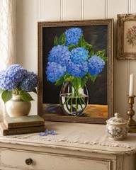 Blue Hydrangeas Painting Framed Floral Wall Art Cottage Decor 20×16