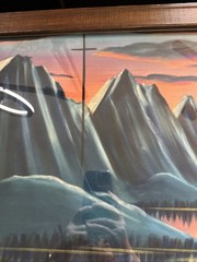 Vintage Black Velvet Painting Signed MCM Cross Mountains Lake Trees Framed Glows