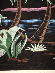 Vintage Black Velvet Painting Beach Ocean Sailboat W/ Palm Trees 25.5″ x 19.5″