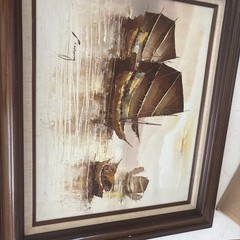 Vintage P. Wong Signed Seascape Oil Painting – Boats & Harbor – Mid-Century