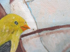 Original Oil Painting Yellow Birds (Goldfinch) With Lantern 18 1/4″ x 13 3/4″