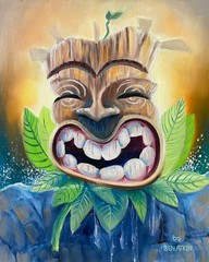 Tiki Painting Original Oil on Panel 8×10″ Fire and Ice Tiki – Framed 12×13″