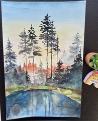 12×18 Abstract Landscape Watercolor. Sun, Sky, Water, Trees w Black, Blue, Orang