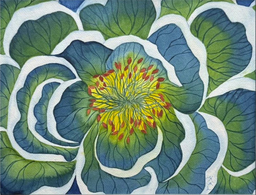 PAINTING WATERCOLOR ART 11X14 AND MAT 16X20 PEONY FLOWER BLUE GREEN ORIGINAL ART