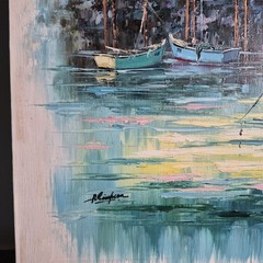 Vintage Original Signed Oil Painting of Harbor Scene Featuring a Fishing Boat