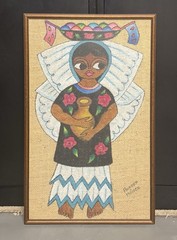 Vintage Jose de Servin Style Mexican Painting Folk Art Big Eyes Girl on Burlap