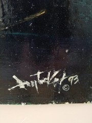 An expessive, dark painting of a tribal man, signed Tucker, 1993