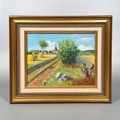 Vintage French Oil Painting Summer Landscape Village Church Poppies Haystacks 98
