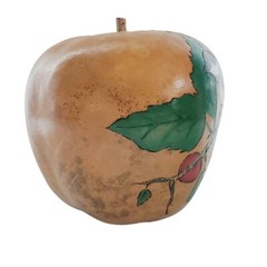 Vintage Signed Hand Engraved Painted Apple Shaped Gourd Stem Bird Cherry Tree