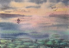 Original Artwork Modern Painting Landscape LONELY FISHERMAN BOAT Art Seascape A5