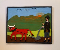 Vtg Folk Art Painting Carving Farmer Farming Relief Wood San lsidro Pete Tapia