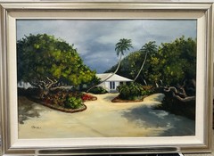 Florida Beach House Highwaymen Style Painting Oil On Canvas 30”x42” Nice 🎉